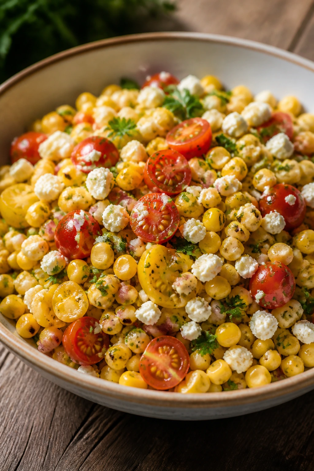 Close-up of vibrant corn salad in a shallow bowl on a wooden table