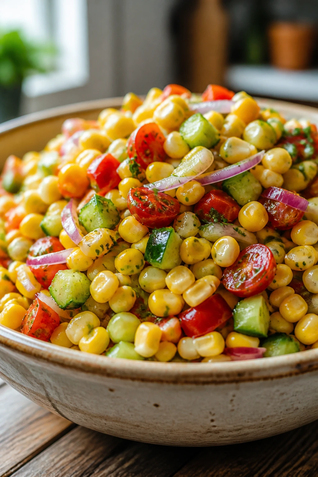 Close-up of vibrant corn salad in a rustic bowl on a sunlit wooden table