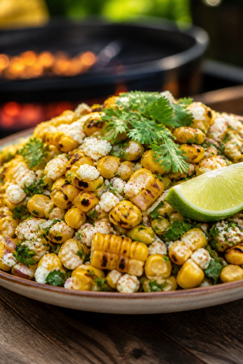 Bright corn salad with lime and herbs on a plate outdoors.