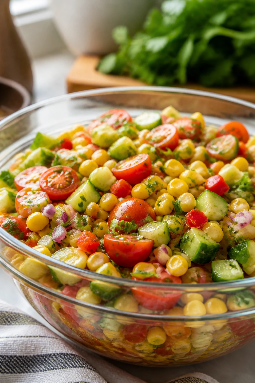Close-up of harmonious corn salad ingredients in a bowl