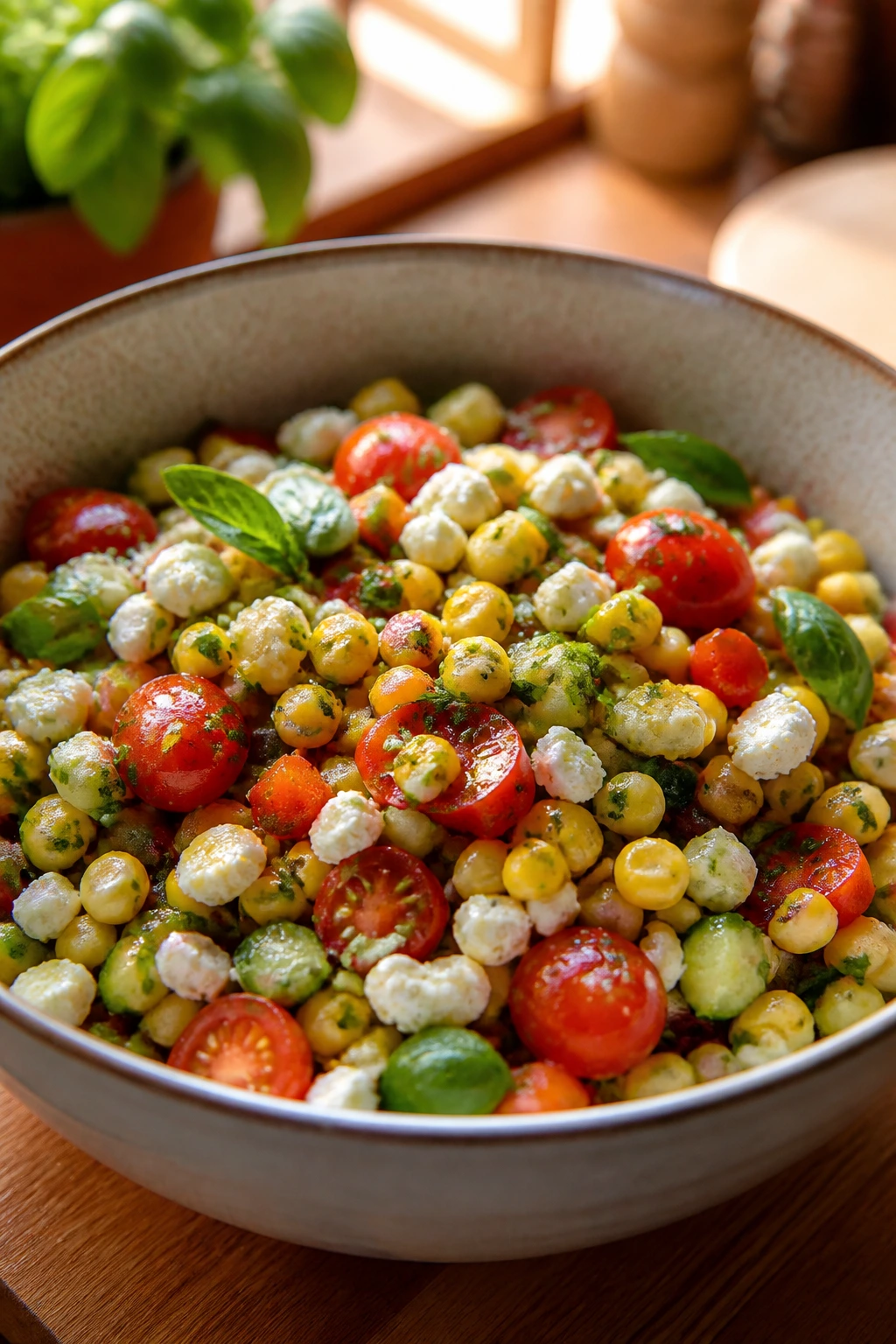 Close-up of corn salad ingredients and dressing in a bowl