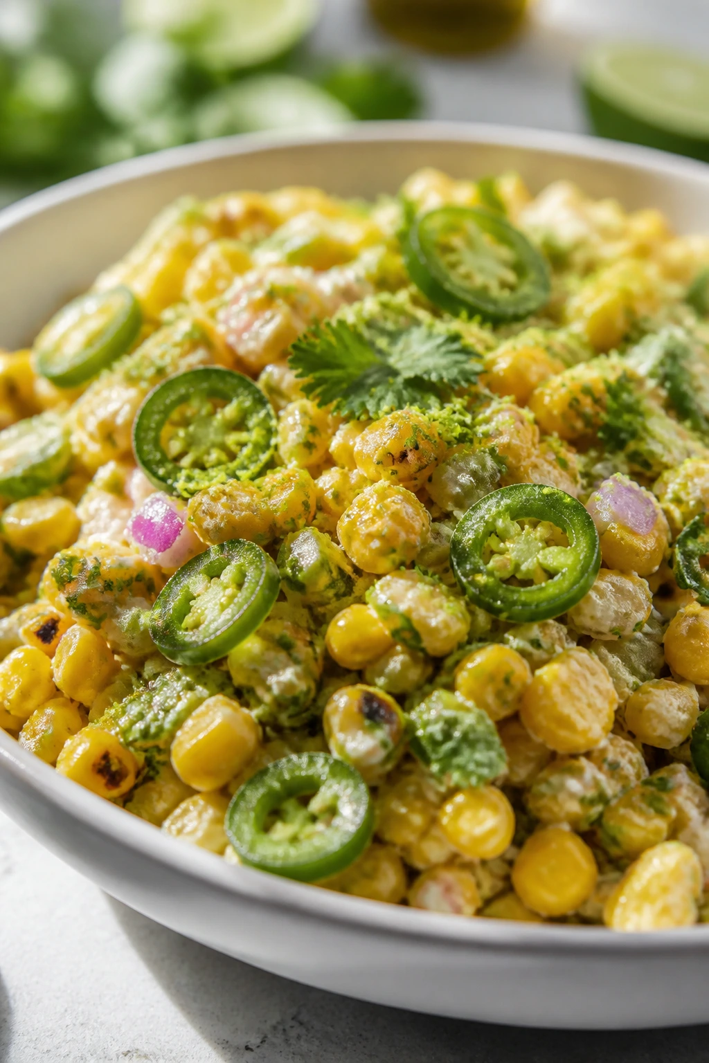 Close-up of corn salad with lime zest and jalapeño on top