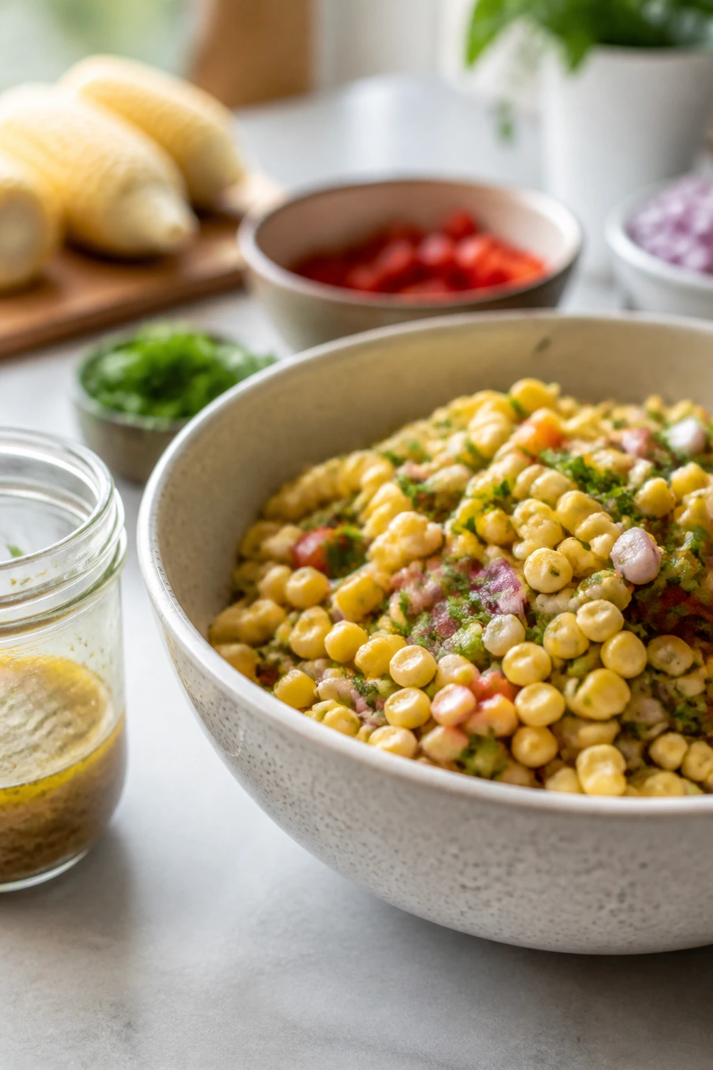 Corn salad with dressing jar on kitchen counter