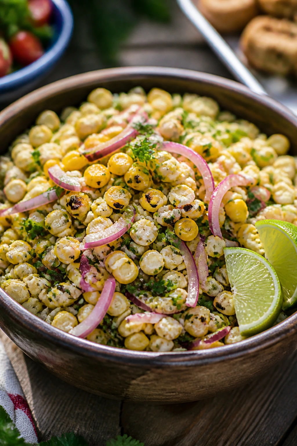 Close-up of corn salad with red onion on outdoor table