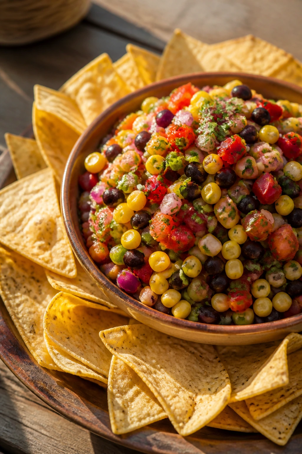 Bright corn and black bean salsa with tortilla chips
