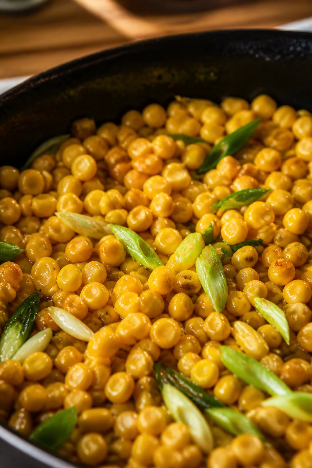 Close-up of corn and scallions in a stir-fry