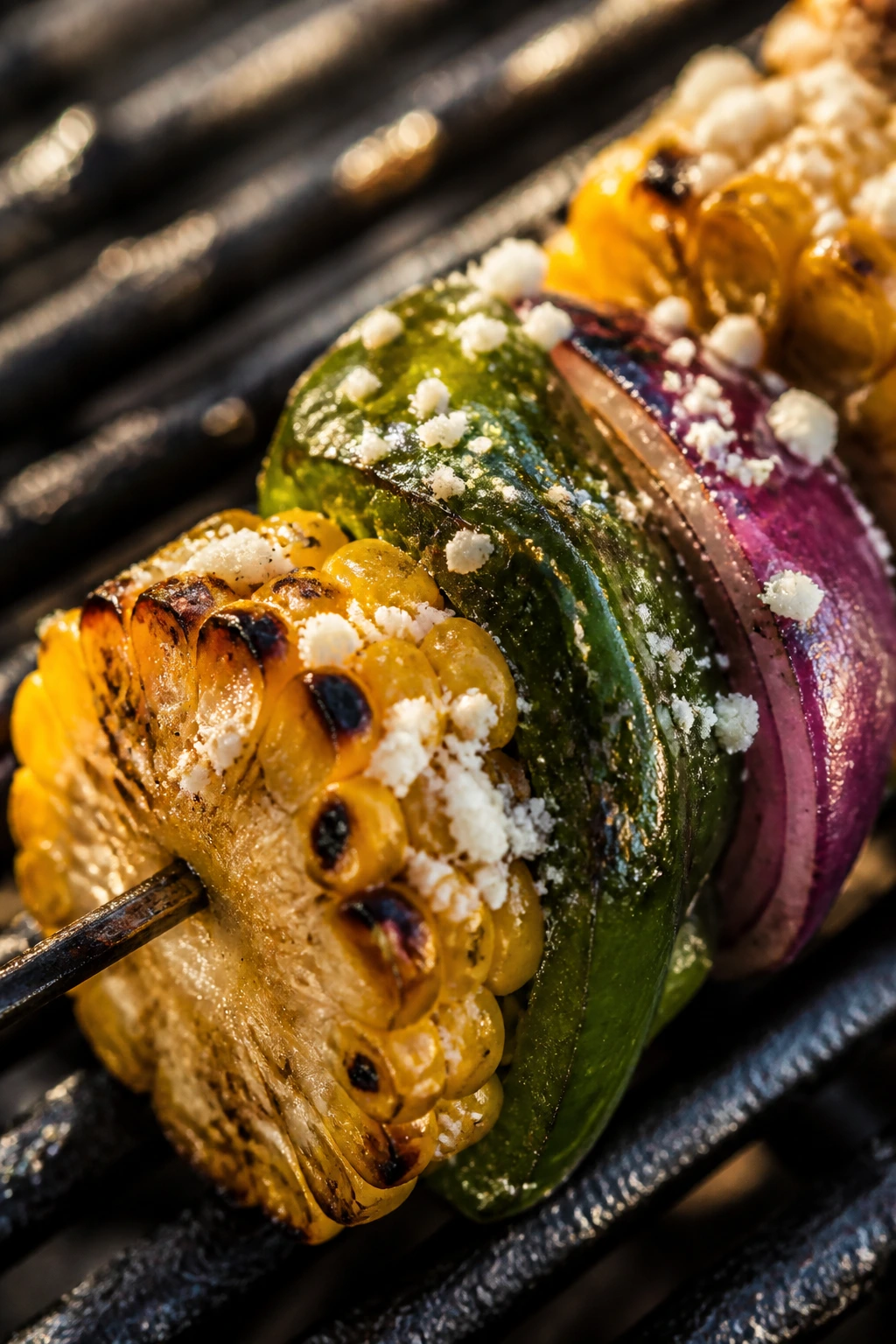 Close-up corn skewer with cotija and vegetables on a grill