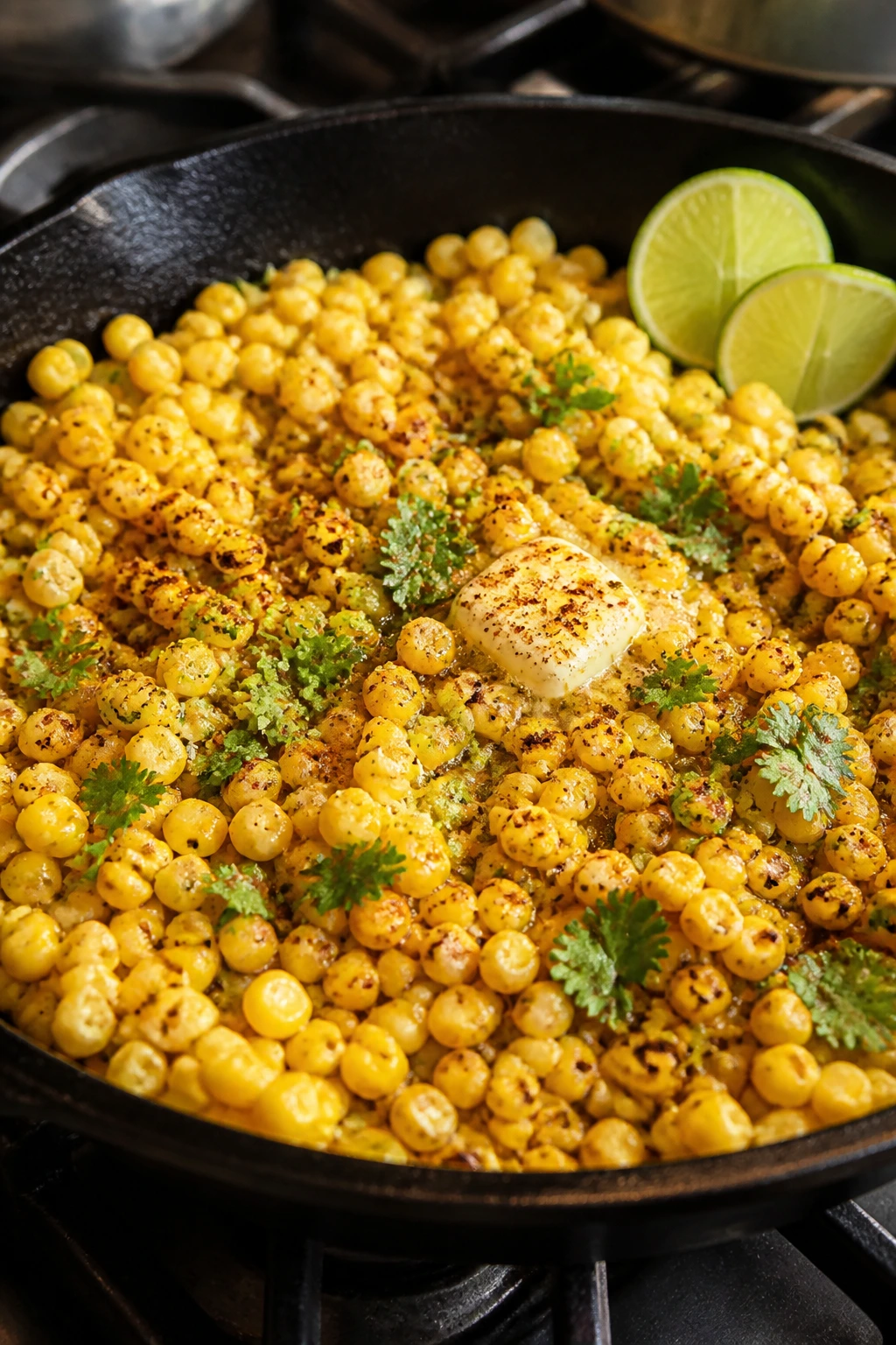 Close-up of skillet corn with lime butter and cilantro in a home kitchen.