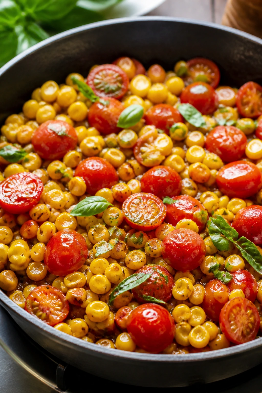 Skillet of corn and tomatoes with basil in bright light