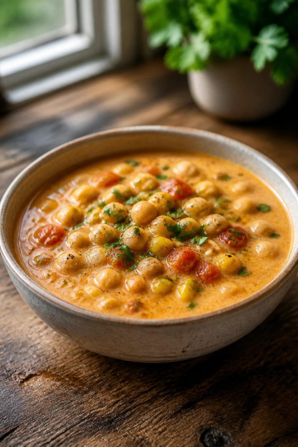 Chowder with corn, tomato, and chickpeas in a bowl