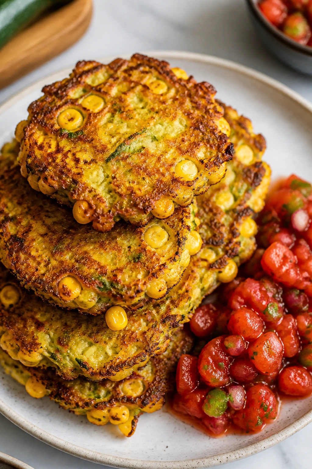 Close-up of corn and zucchini fritters with salsa on a plate