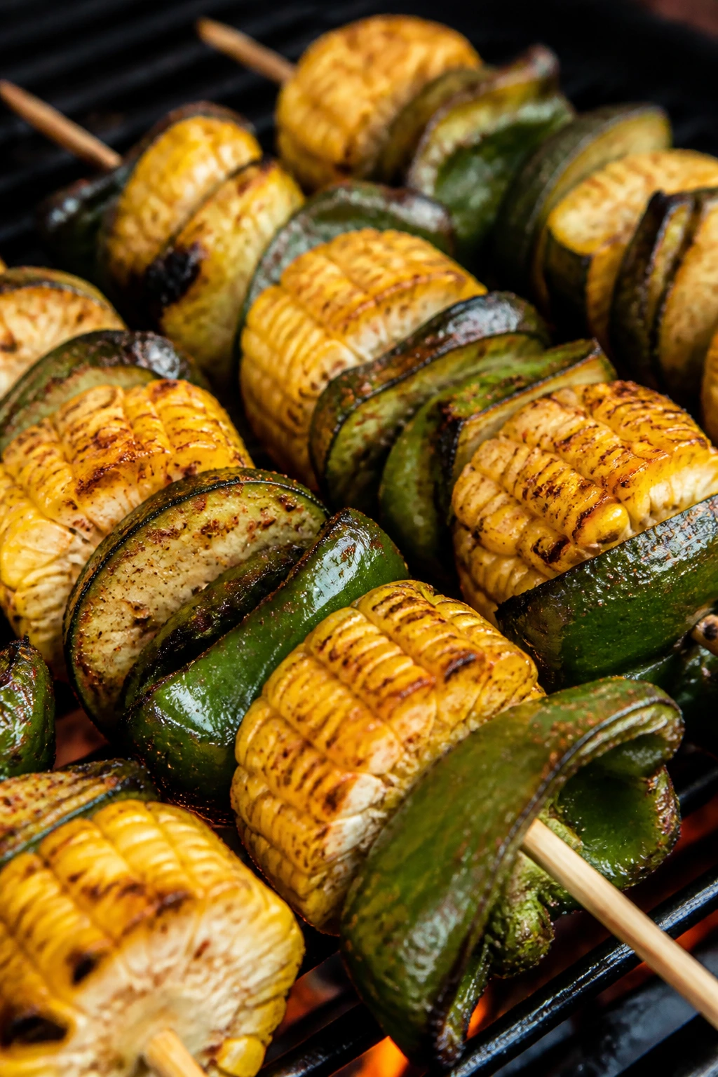 Close-up of corn, zucchini, and poblano skewers on grill