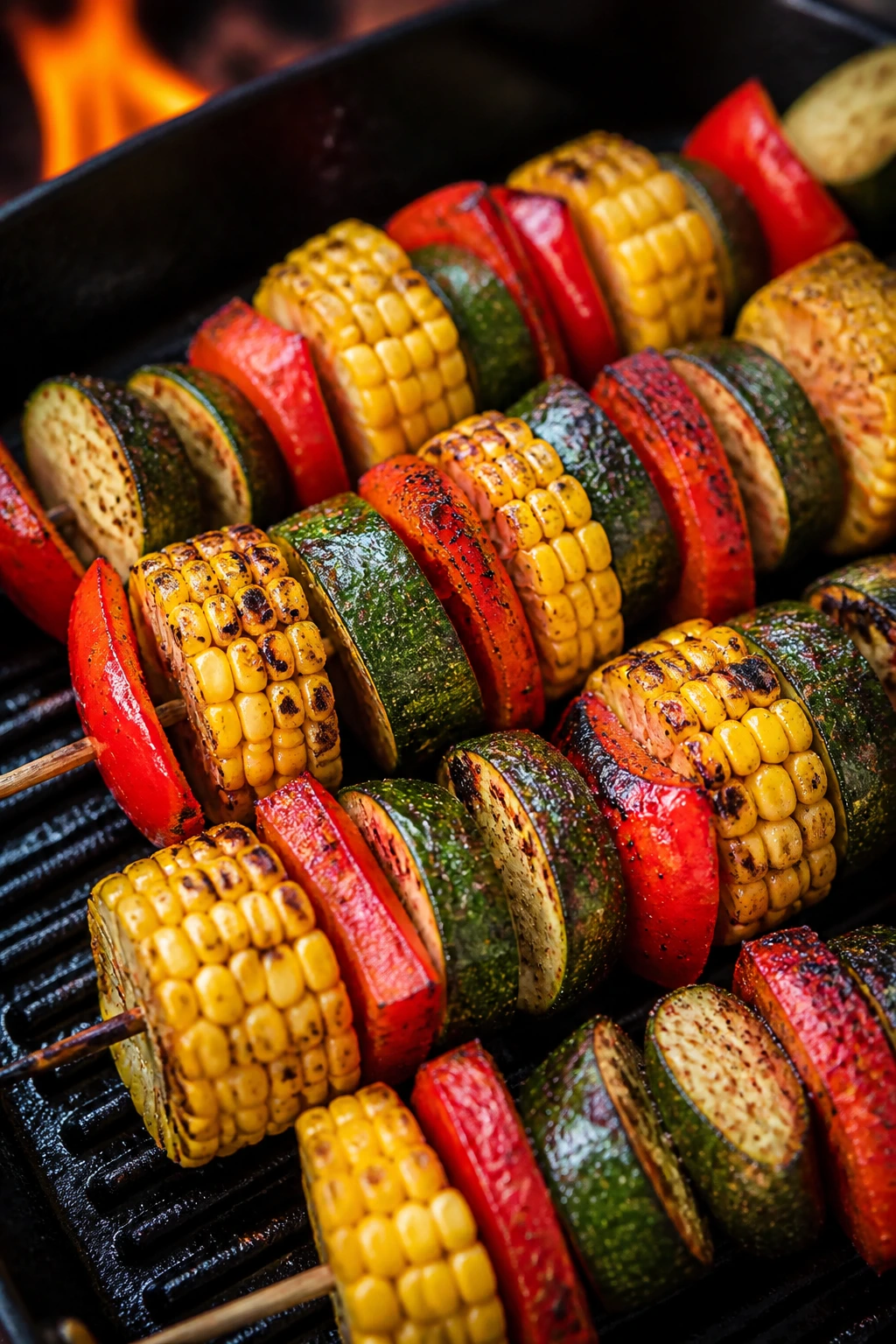 Cajun spiced corn, zucchini, and red pepper skewers on grill