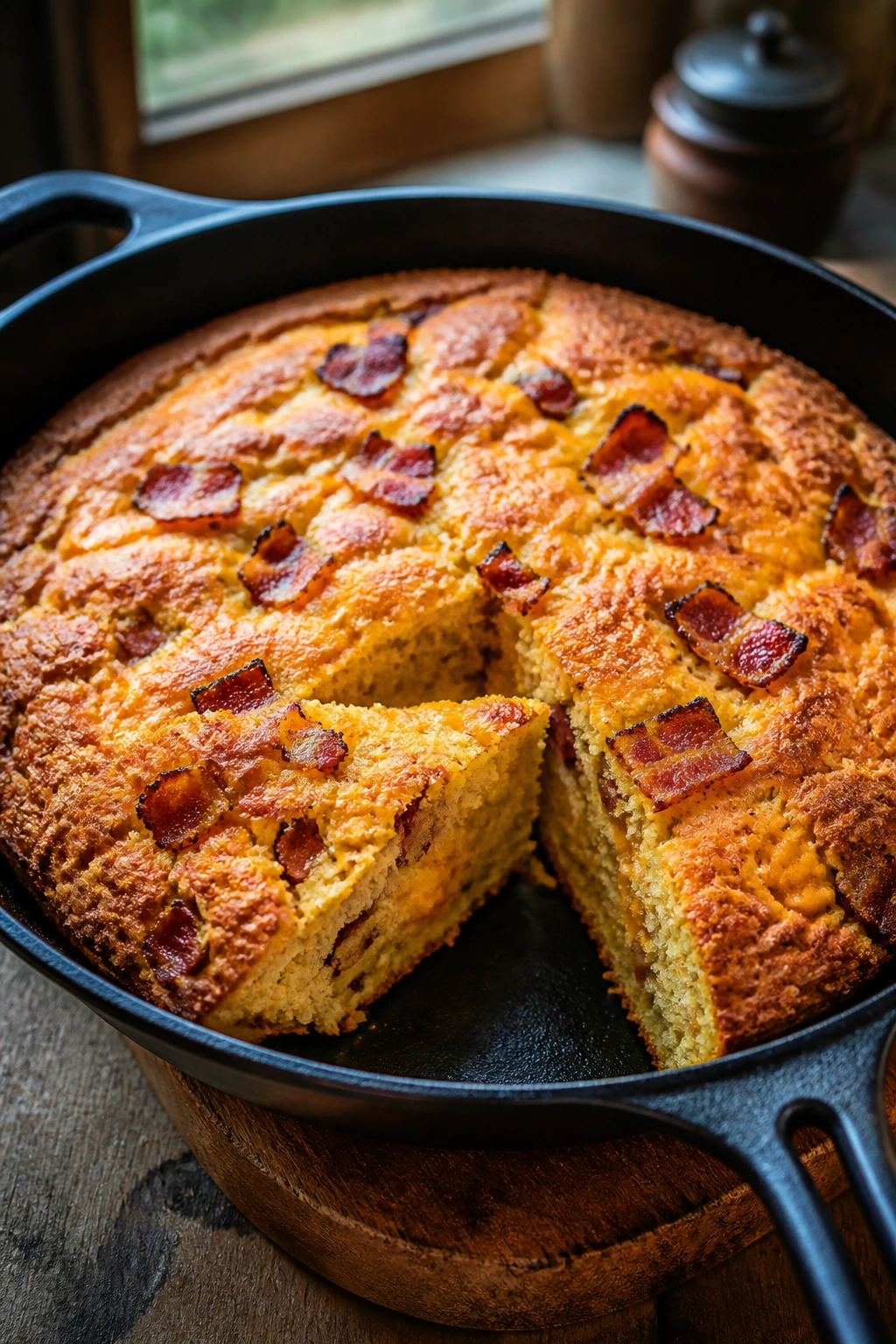 Close-up of cornbread with bacon and cheddar in a cast-iron skillet