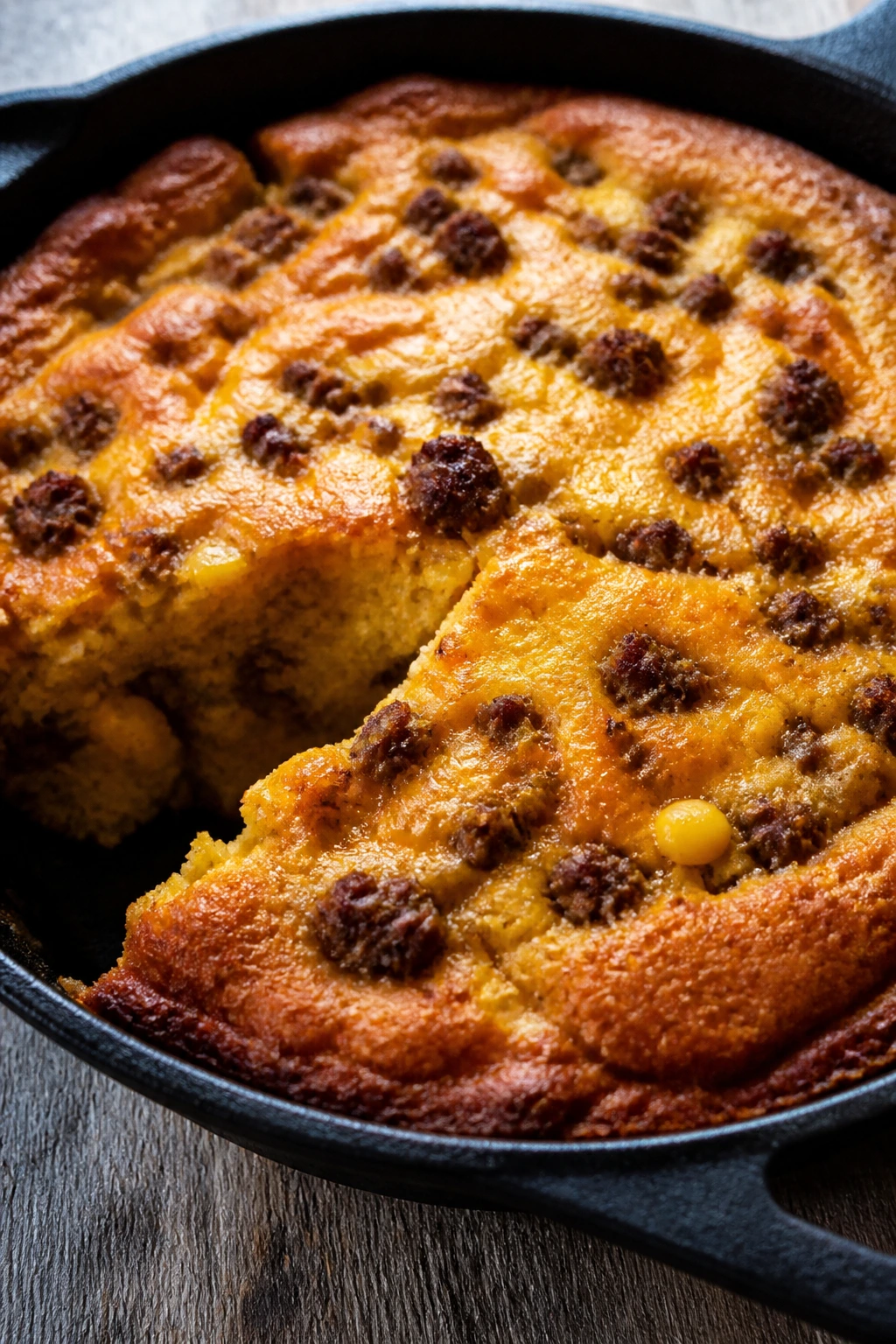 Savory cornbread bake with sausage in cast-iron skillet