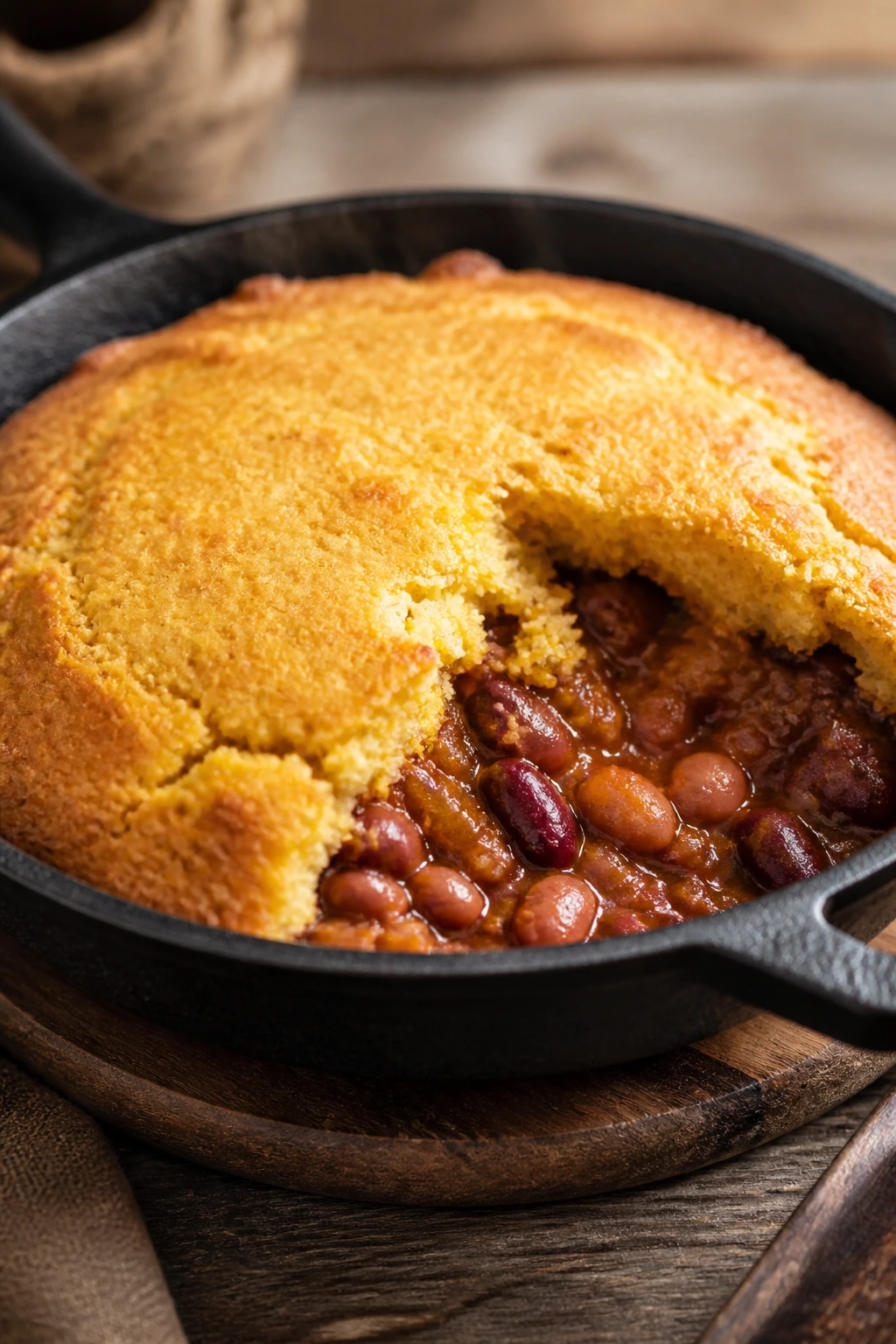 Cast-iron skillet showing cornbread over beans in a warm kitchen