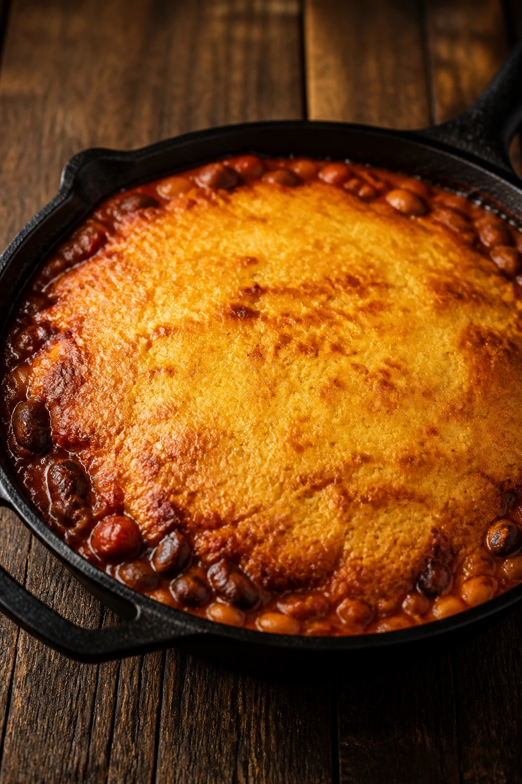 Skillet bake with cornbread crust over beans
