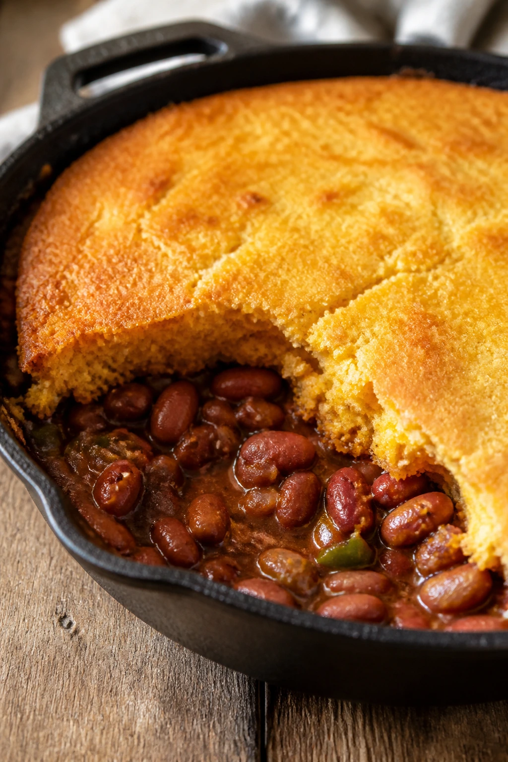 Close-up of cornbread and beans skillet in a rustic kitchen