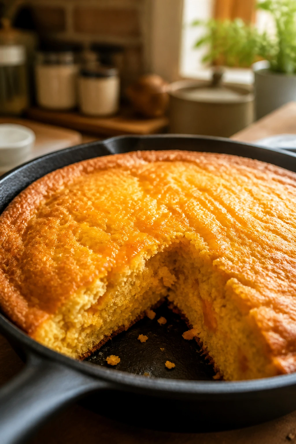 Cast-iron skillet with Cornbread-Cheese variation in a warm kitchen