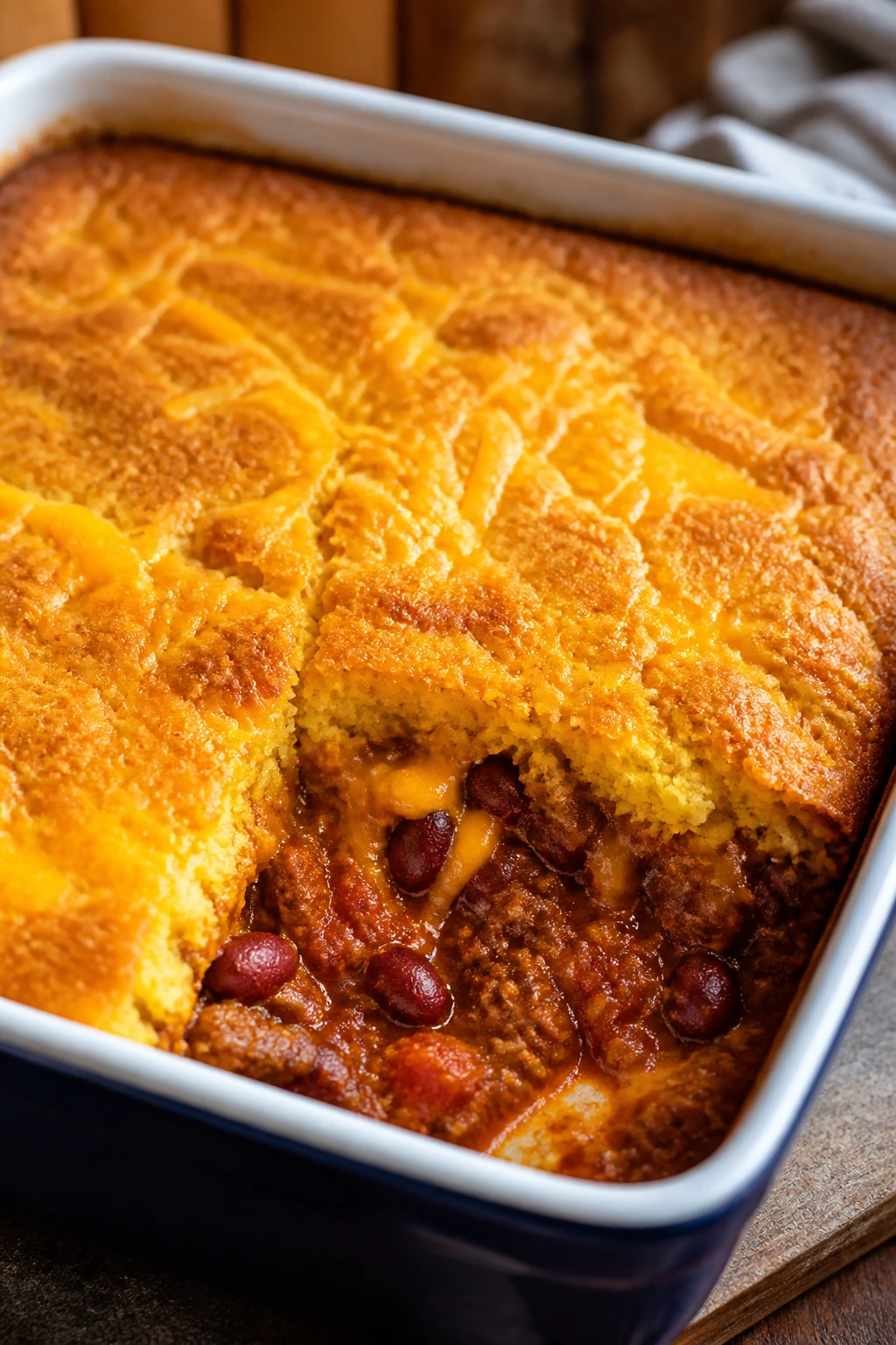 Square baking dish with cornbread crust over chili bake