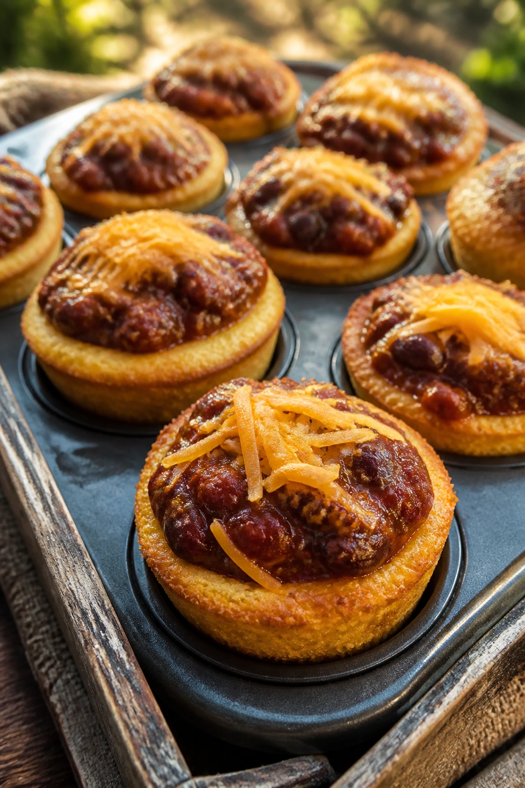 Close-up of mini cornbread cups filled with chili