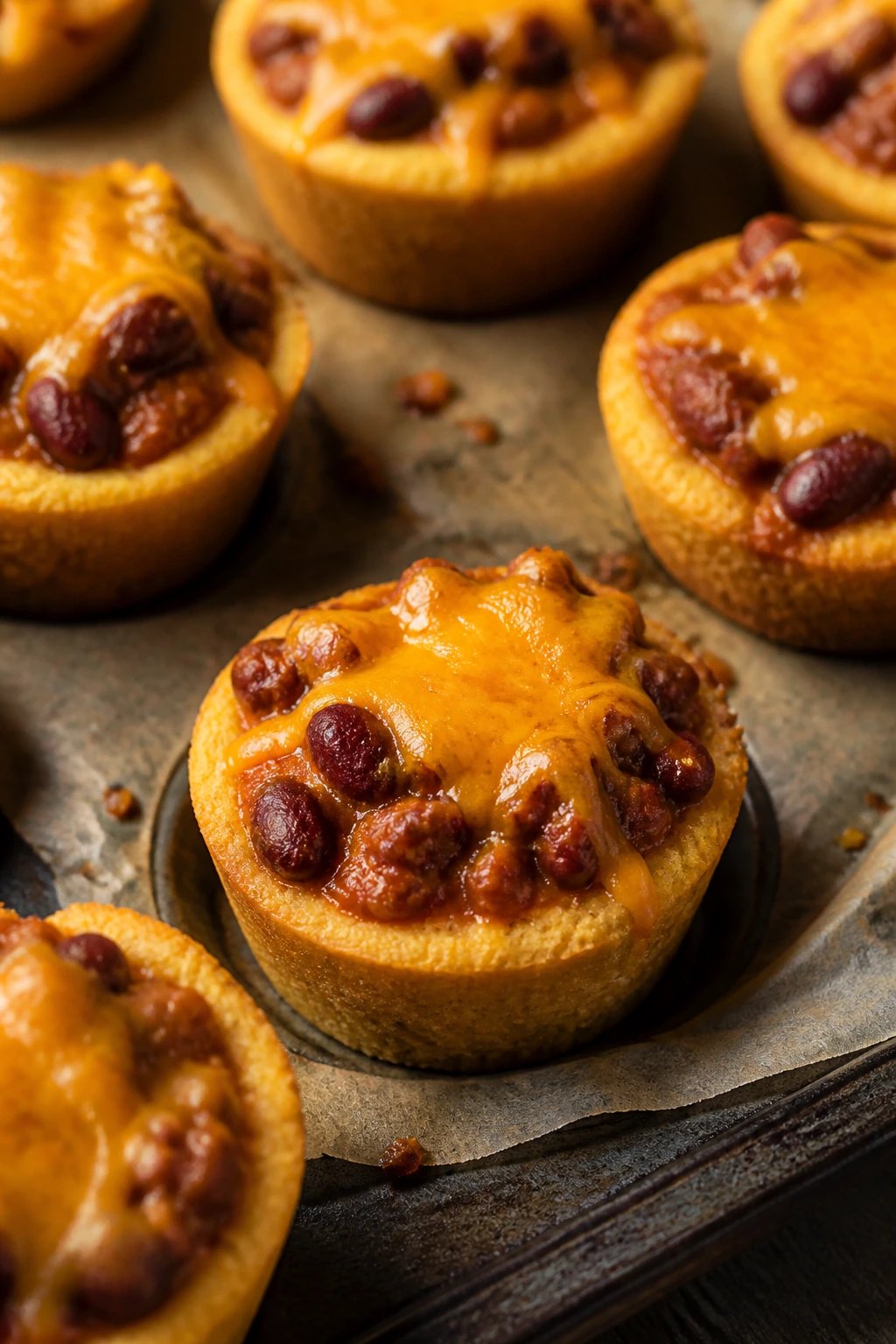 Close-up of cornbread cups filled with chili and melted cheese