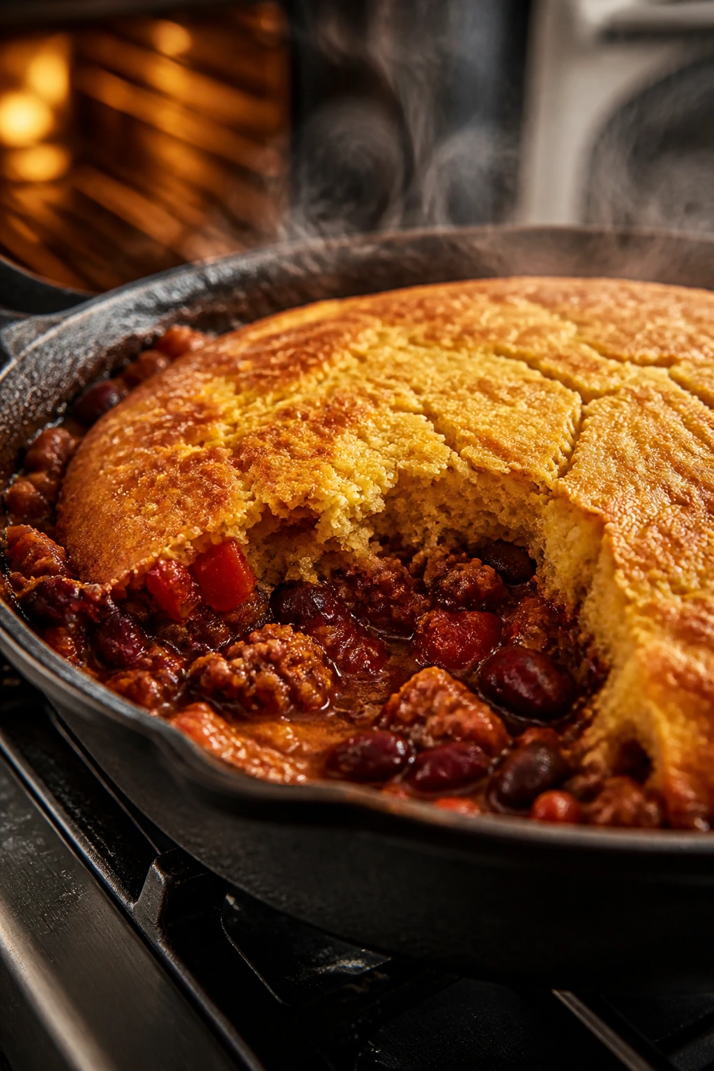 Close-up of cornbread chili skillet with golden cornbread topping