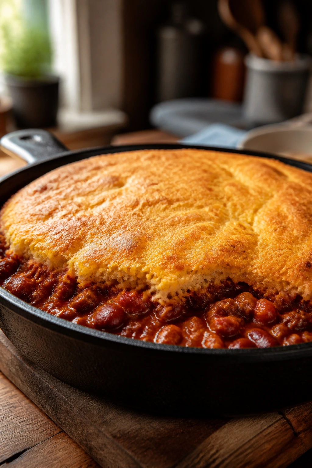 Cast-iron skillet with cornbread-topped chili