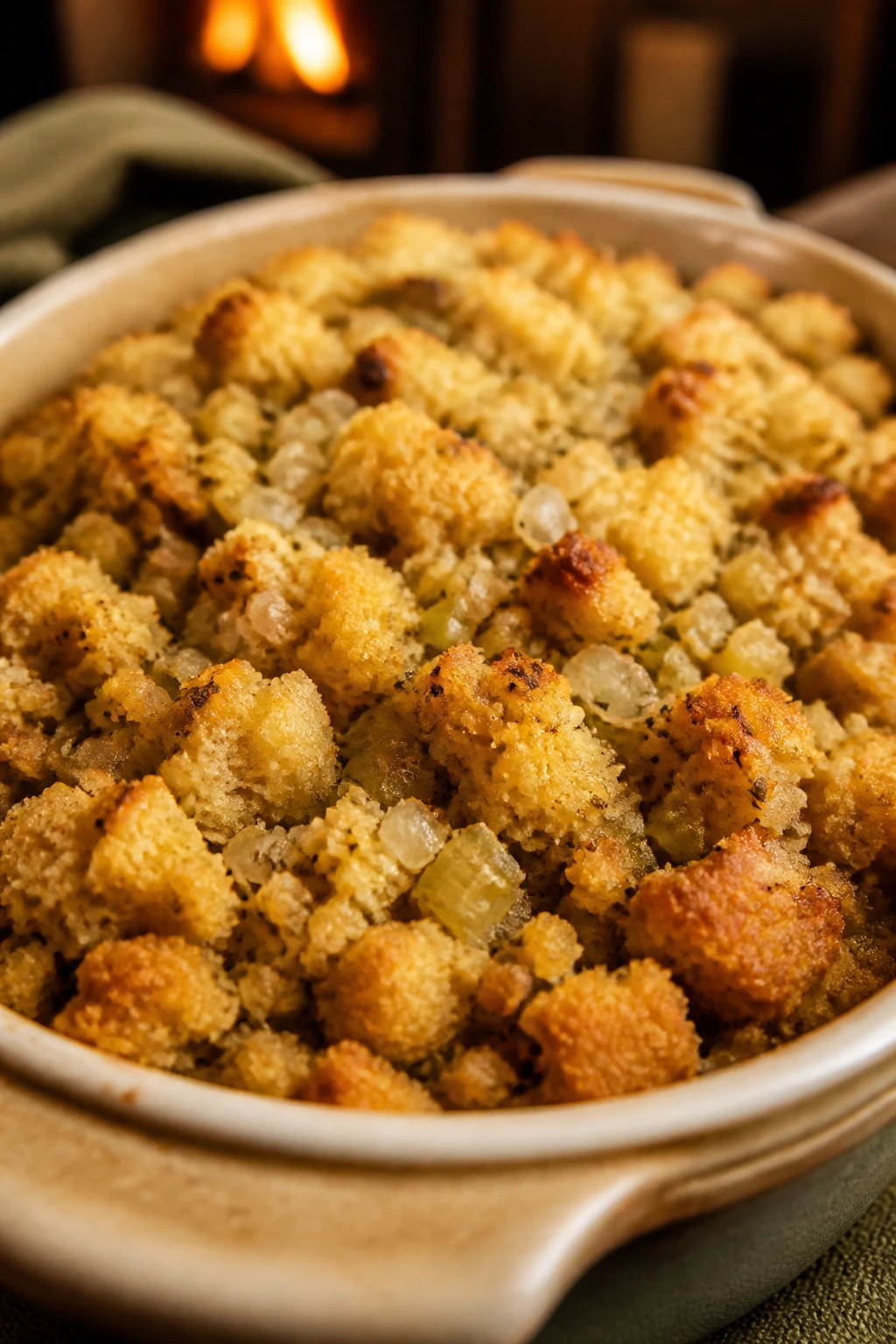 Cornbread dressing in baking dish with celery and onion in warm kitchen