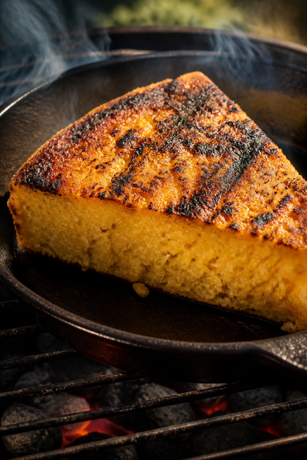 Close-up of grilled cornbread wedge with a smoky crust in a cast-iron skillet on a grill