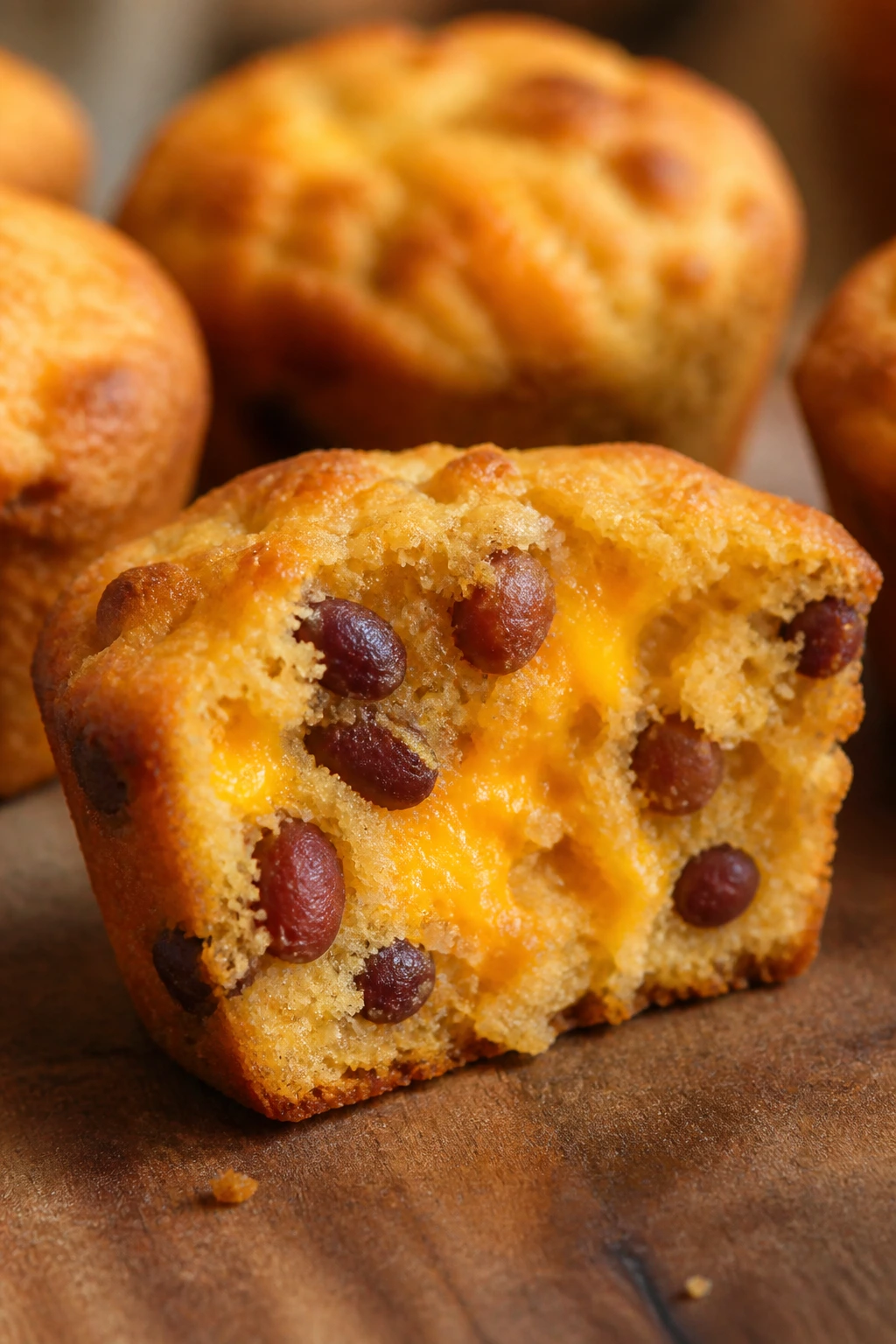 Halved cheesy cornbread muffin with beans inside on wooden board