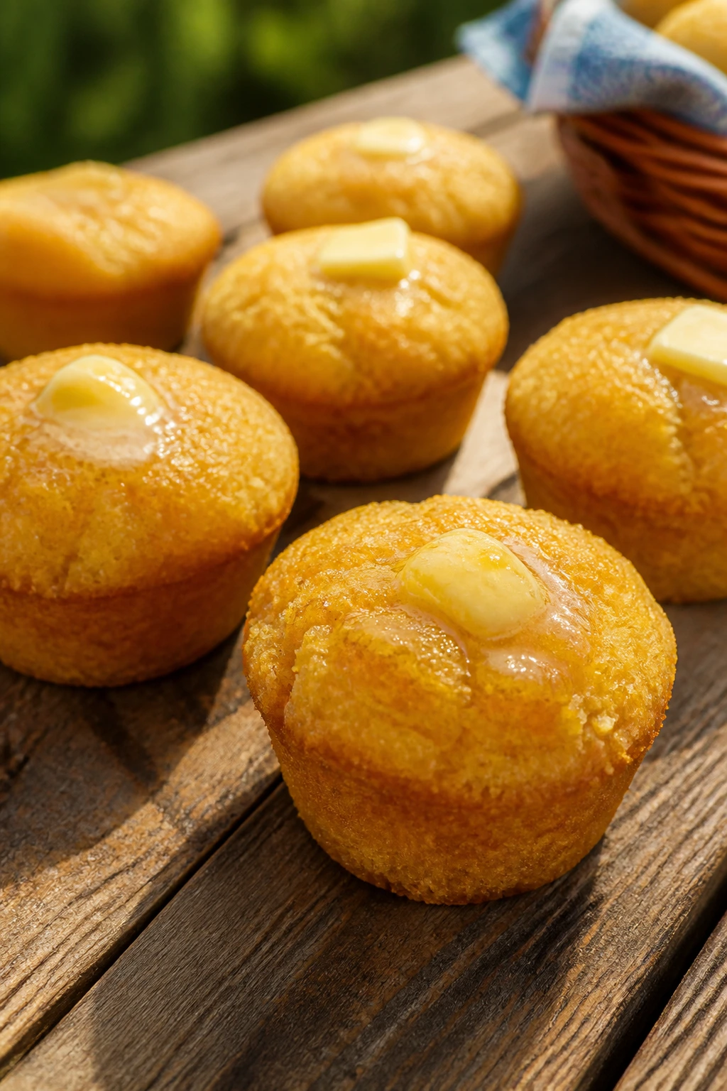 Close-up of cornbread muffins with honey butter for picnics