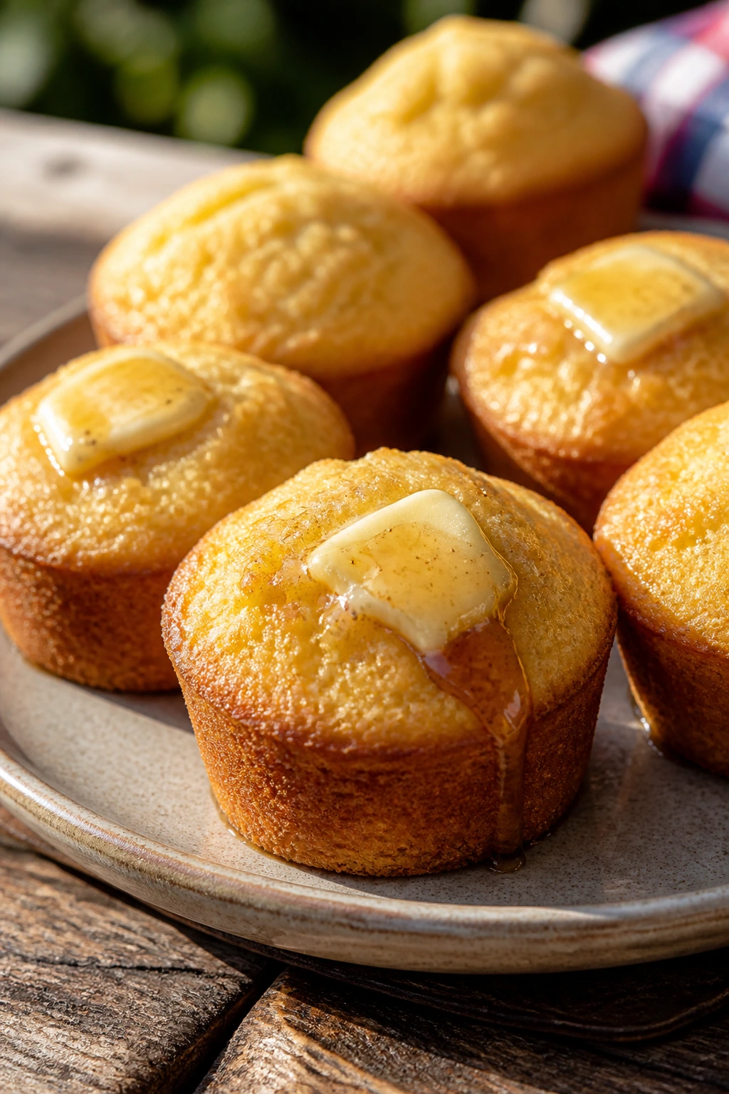 Cornbread muffins with honey butter for a picnic.