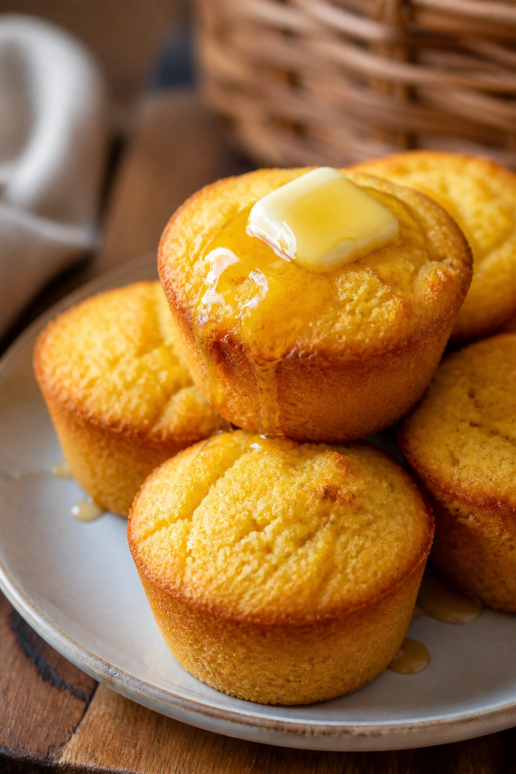 Close-up of golden cornbread muffins with honey butter on top