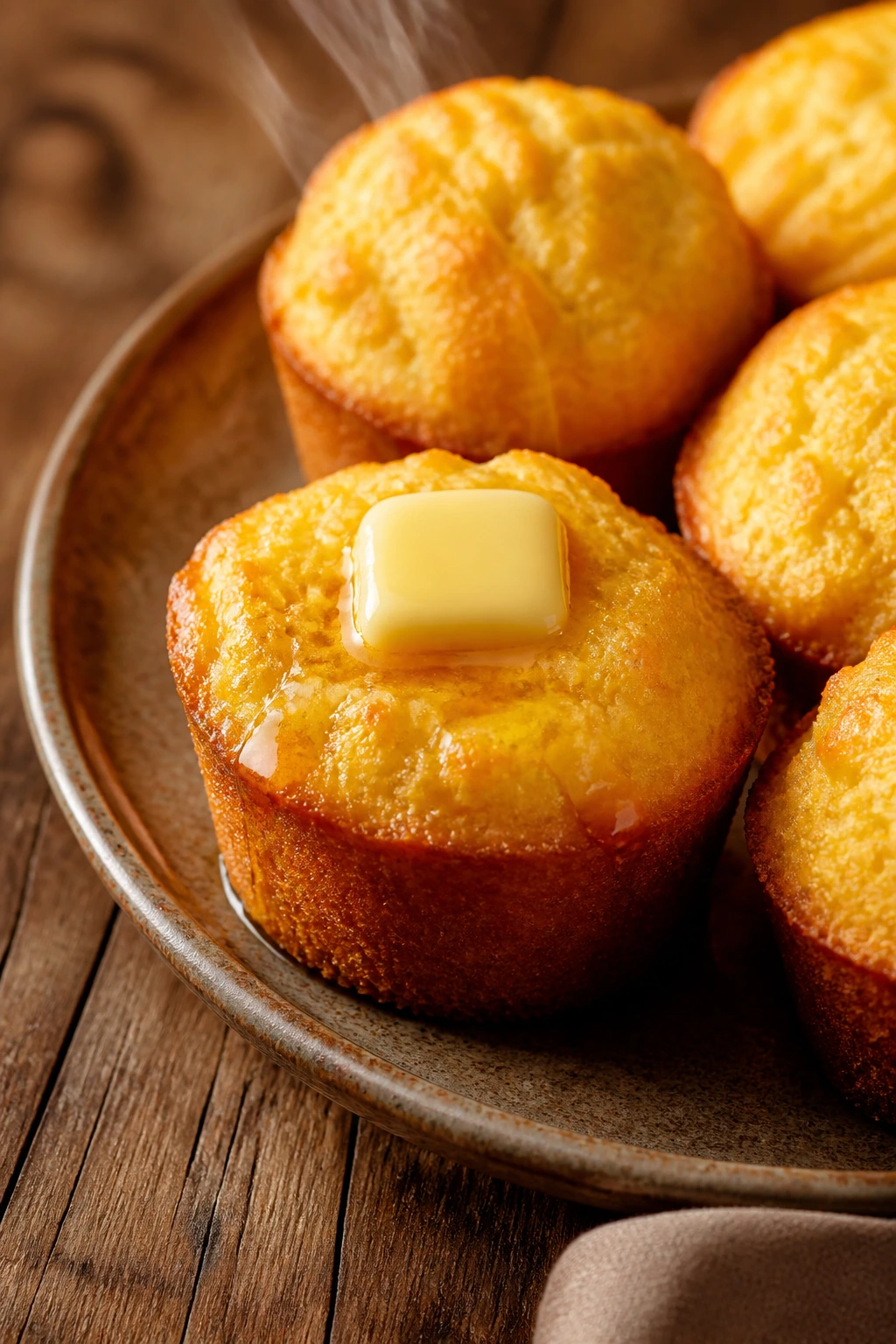 Warm cornbread muffins with melting honey butter on a rustic plate
