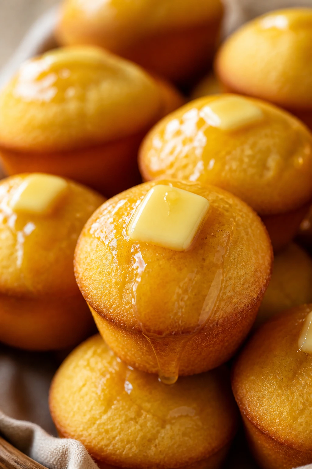 Close-up of mini cornbread muffins with honey butter