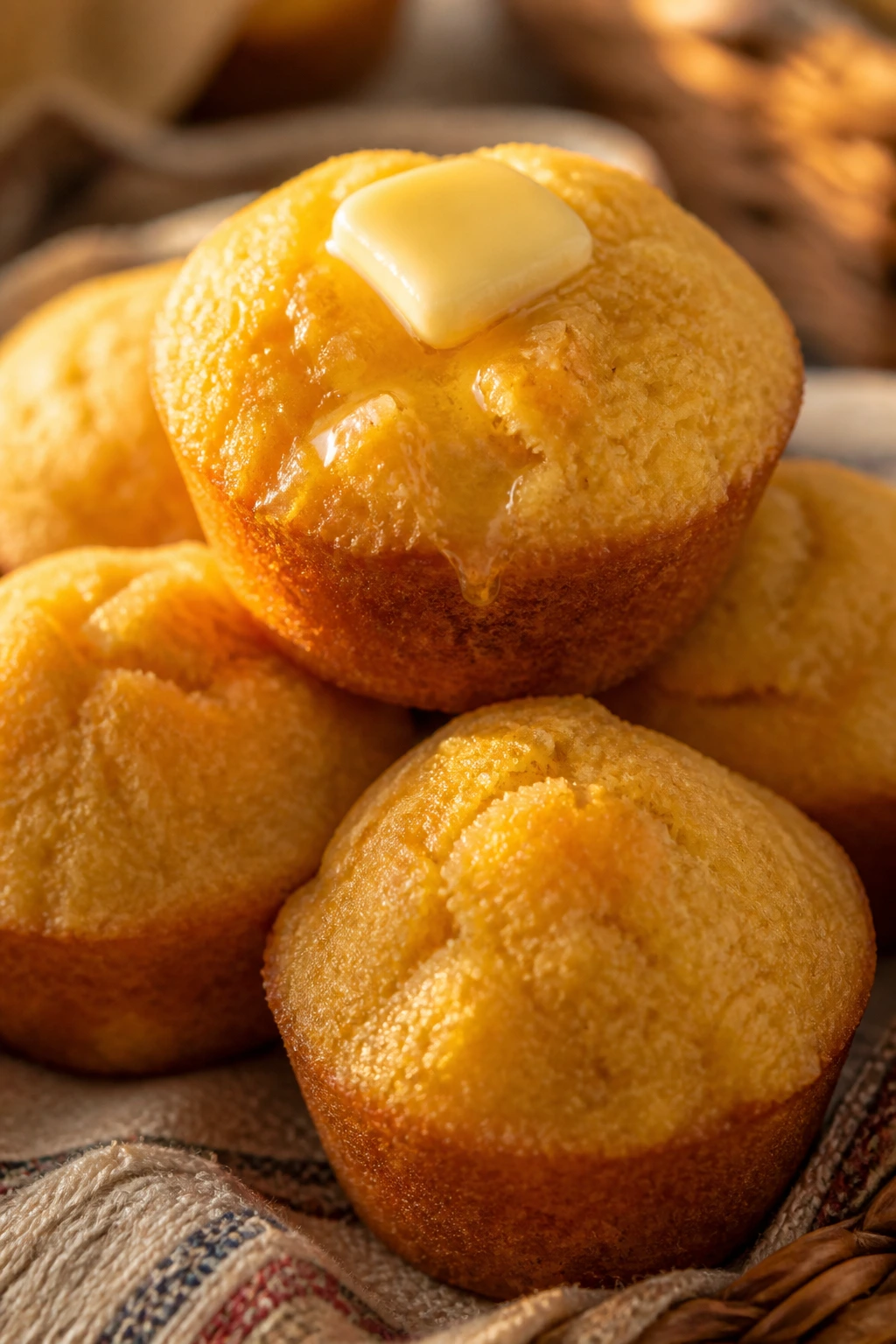 Stack of cornbread muffins with honey butter on a picnic surface