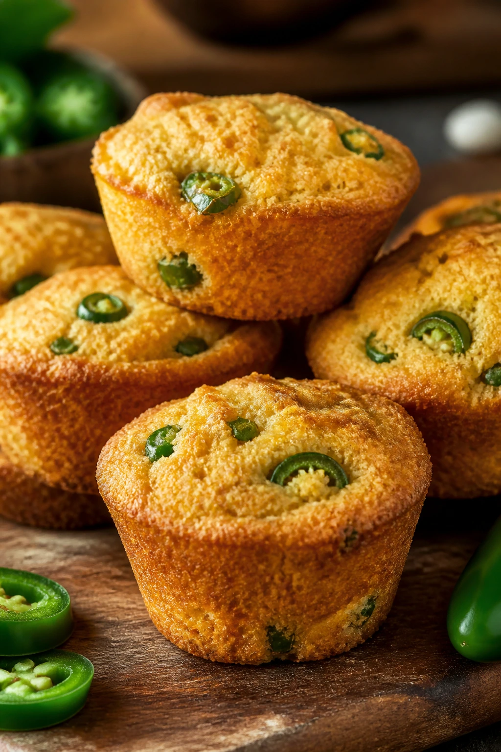 Golden jalapeño corn muffins on a wooden board