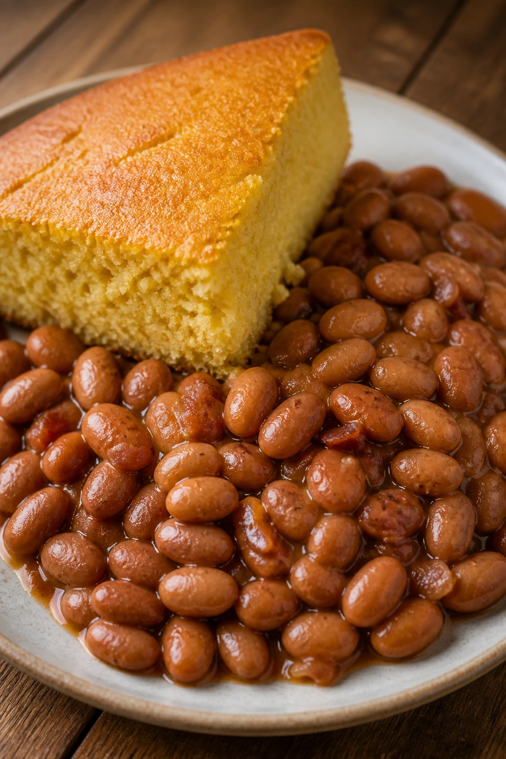 Close-up of Cornbread and Pinto Beans on a rustic plate
