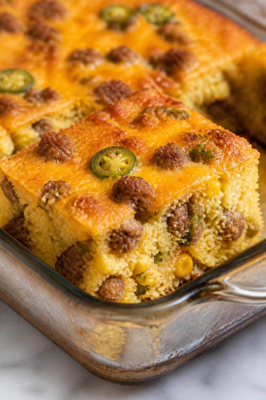 Slice of cornbread sausage bake with cheese and corn