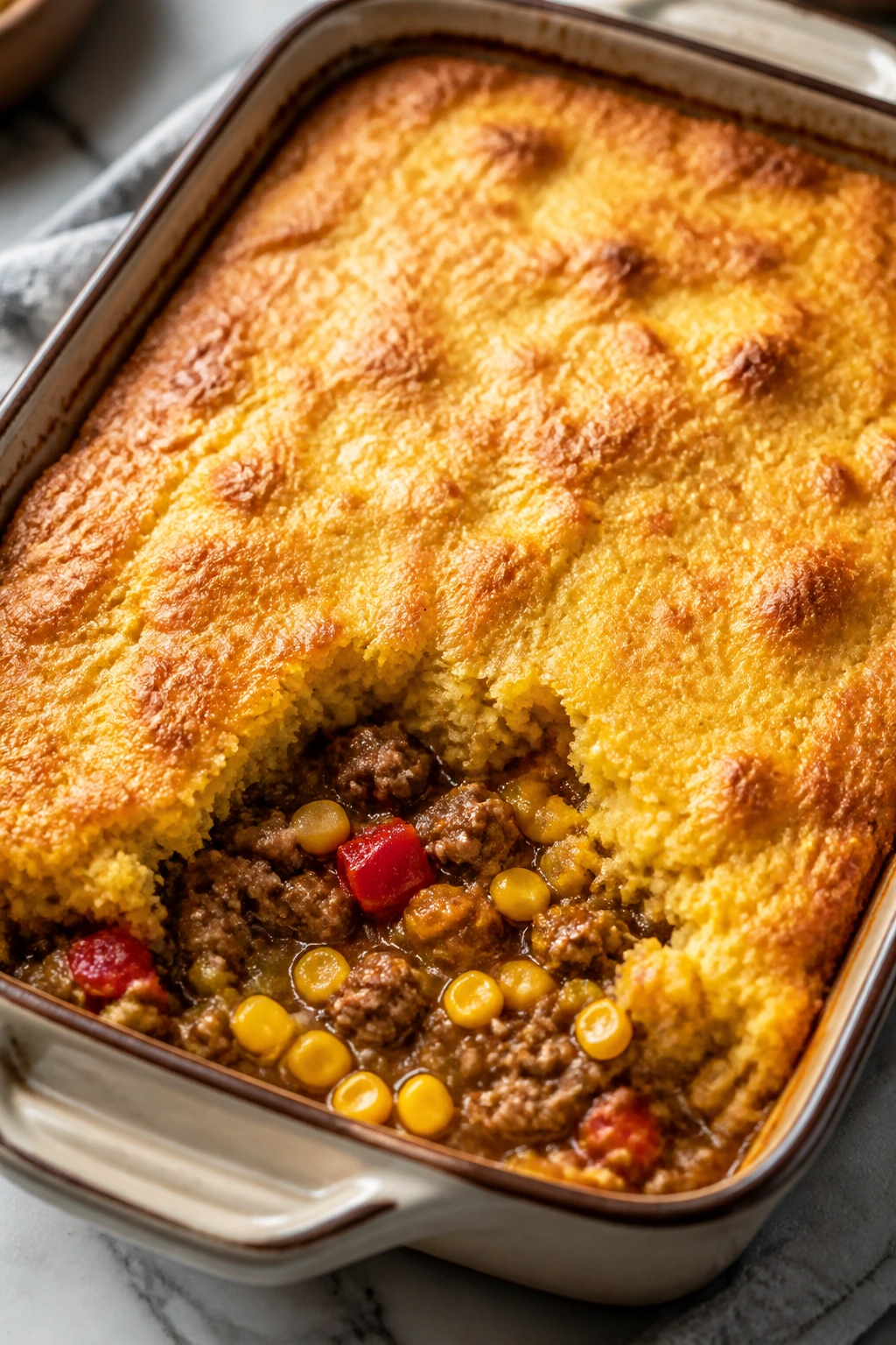 Casserole with golden cornbread top and sausage filling
