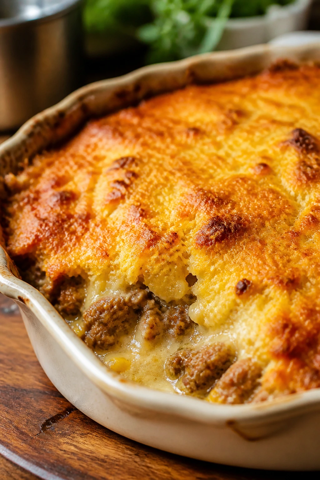 Close-up of a golden Sausage and Cornbread Casserole with creamy sausage filling in a baking dish