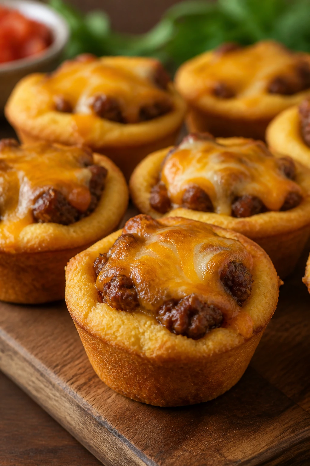 Close-up of mini cornbread taco pies in muffin cups