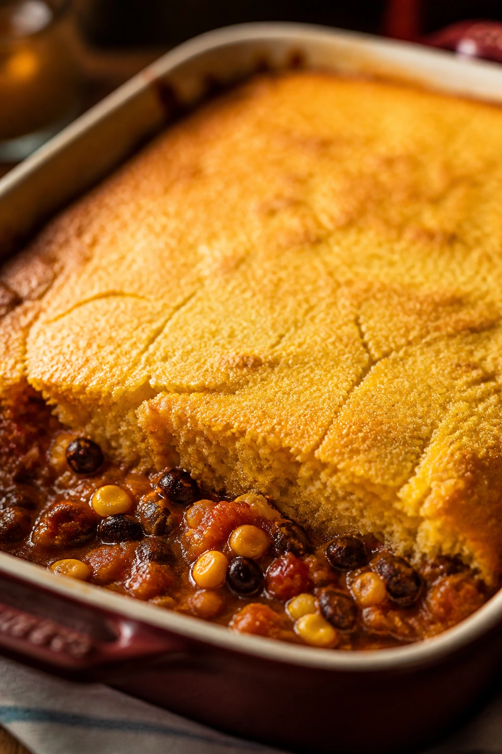 Baked cornbread tamale pie with golden crust