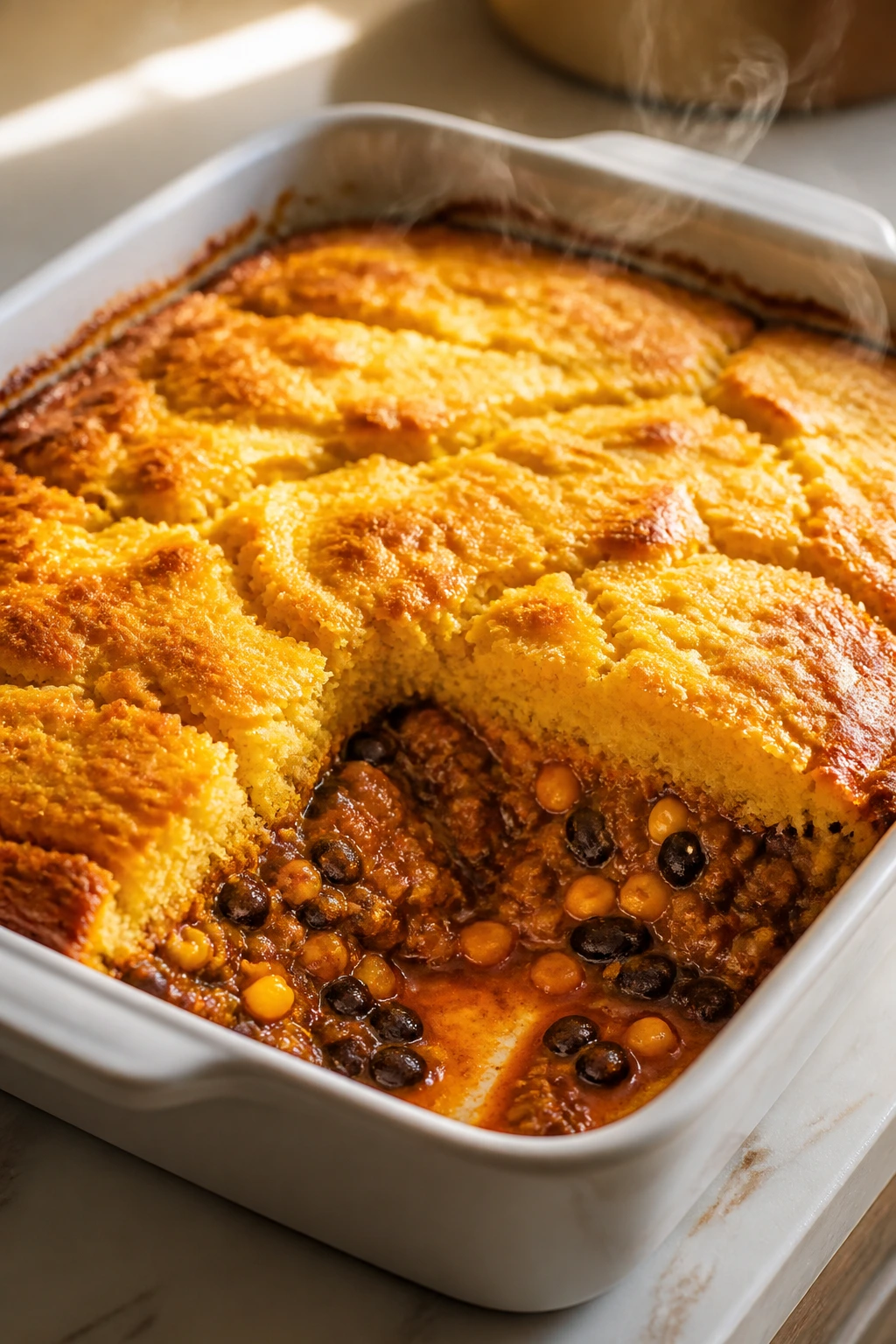 Cornbread tamale pie in a baking dish on a kitchen counter