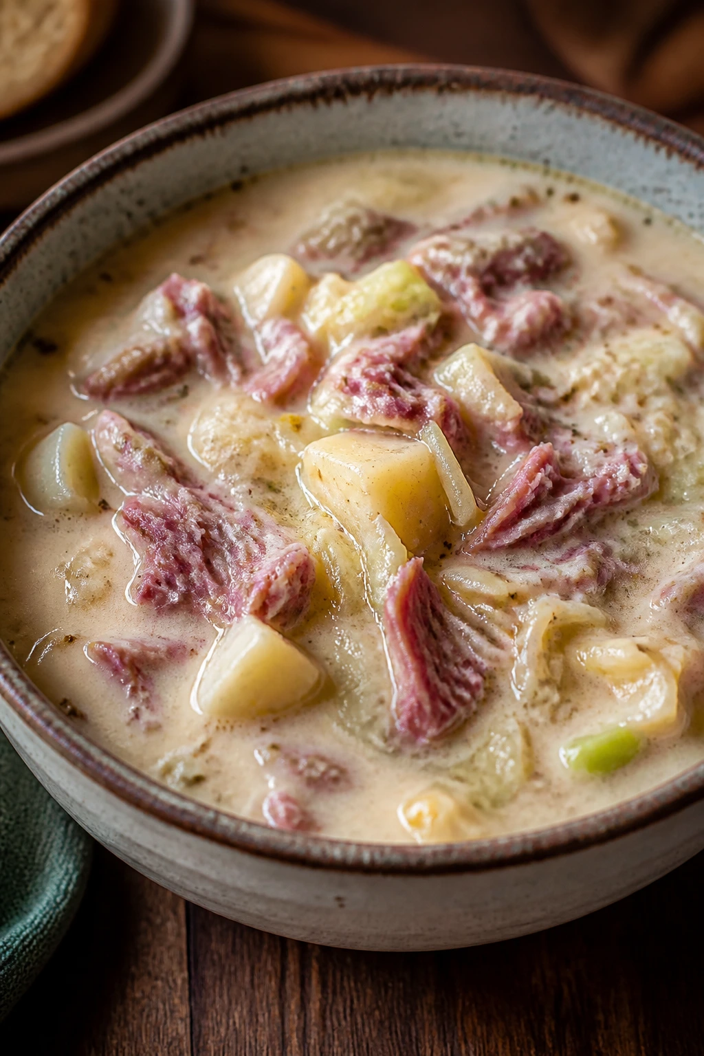 Close-up of corned beef and cabbage chowder in a rustic bowl.