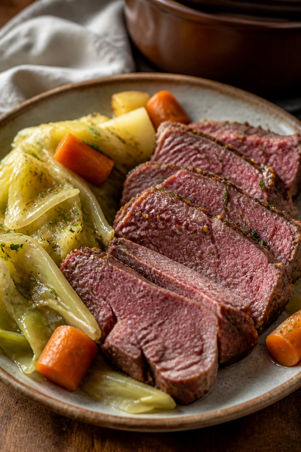 Sliced corned beef with cabbage and carrots on a rustic plate.
