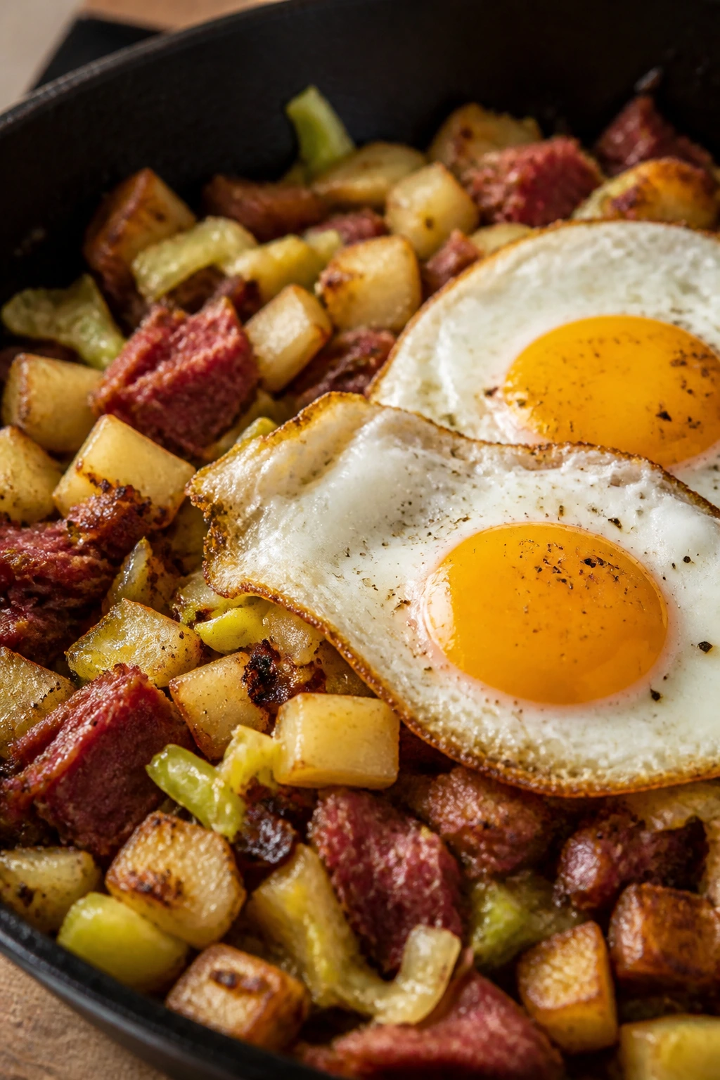 Skillet hash with corned beef, cabbage, potatoes, and fried egg