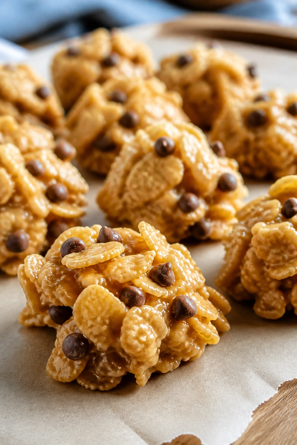 Close-up of cornflake clusters with chocolate chips on parchment