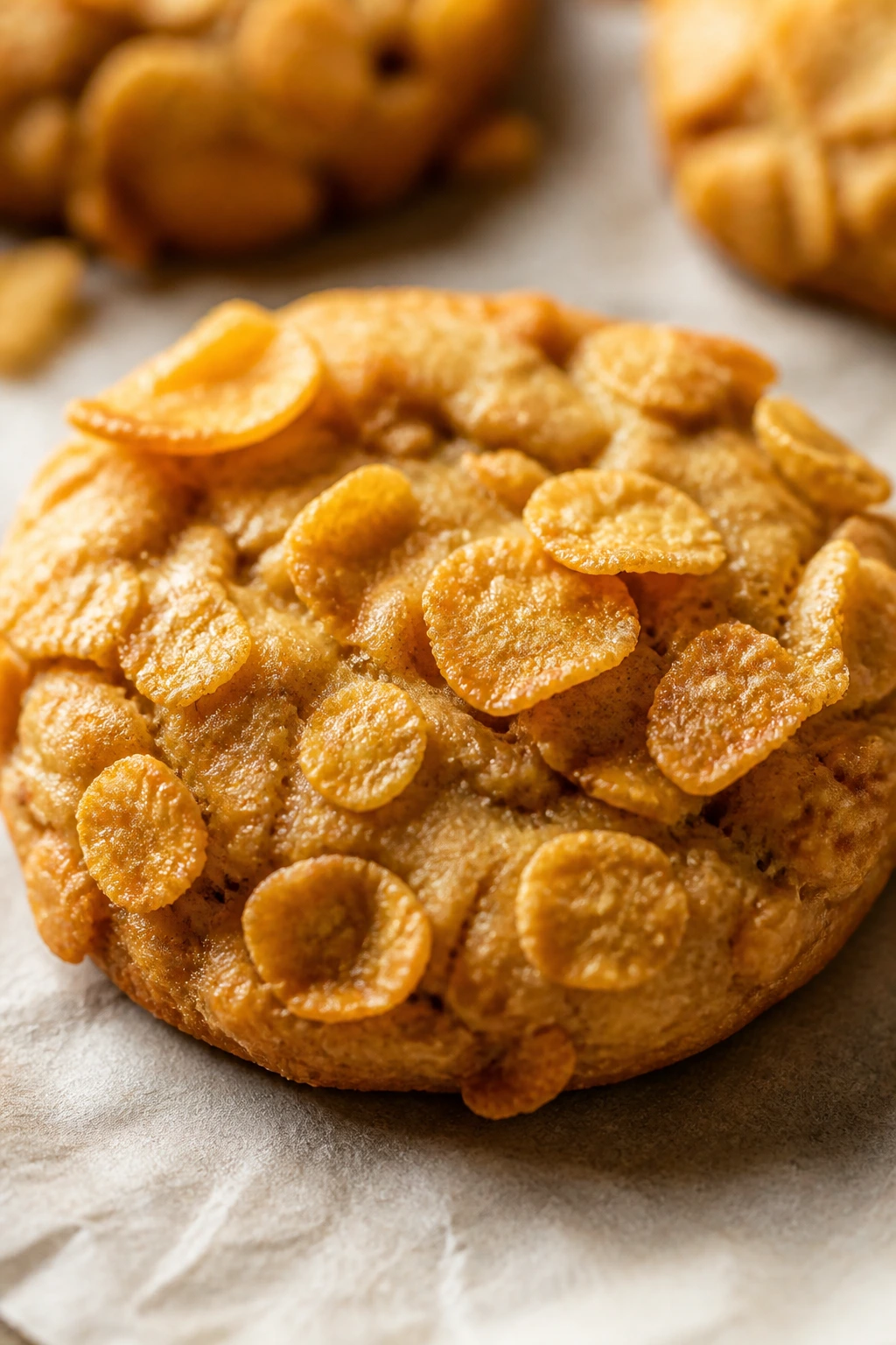 Close-up of Cornflake Crunch Cookie on parchment